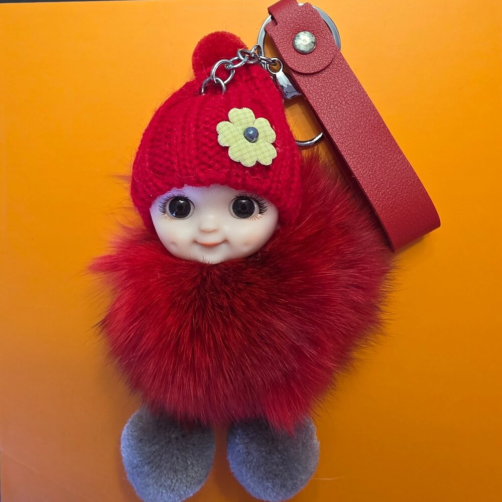 Cute Smiling Fur Baby Keychain with LOVE tag, Plush rabbit fur, Bag Charm